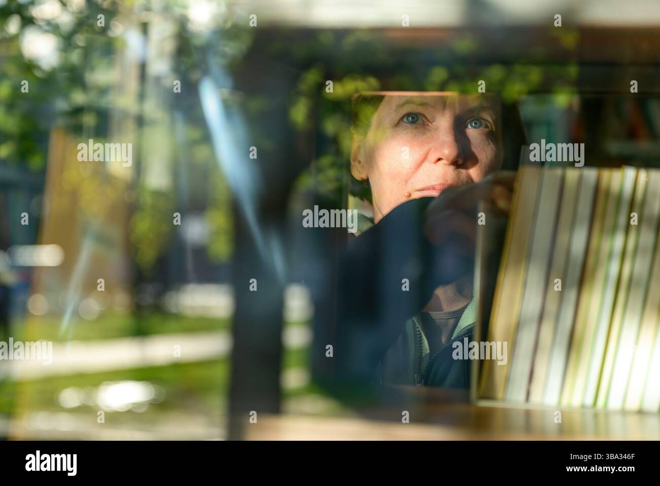 Porträt einer Frau, die in Büchern im öffentlichen Bücherregal durch das große Fenster schaut, selektiv fokussiert Stockfoto