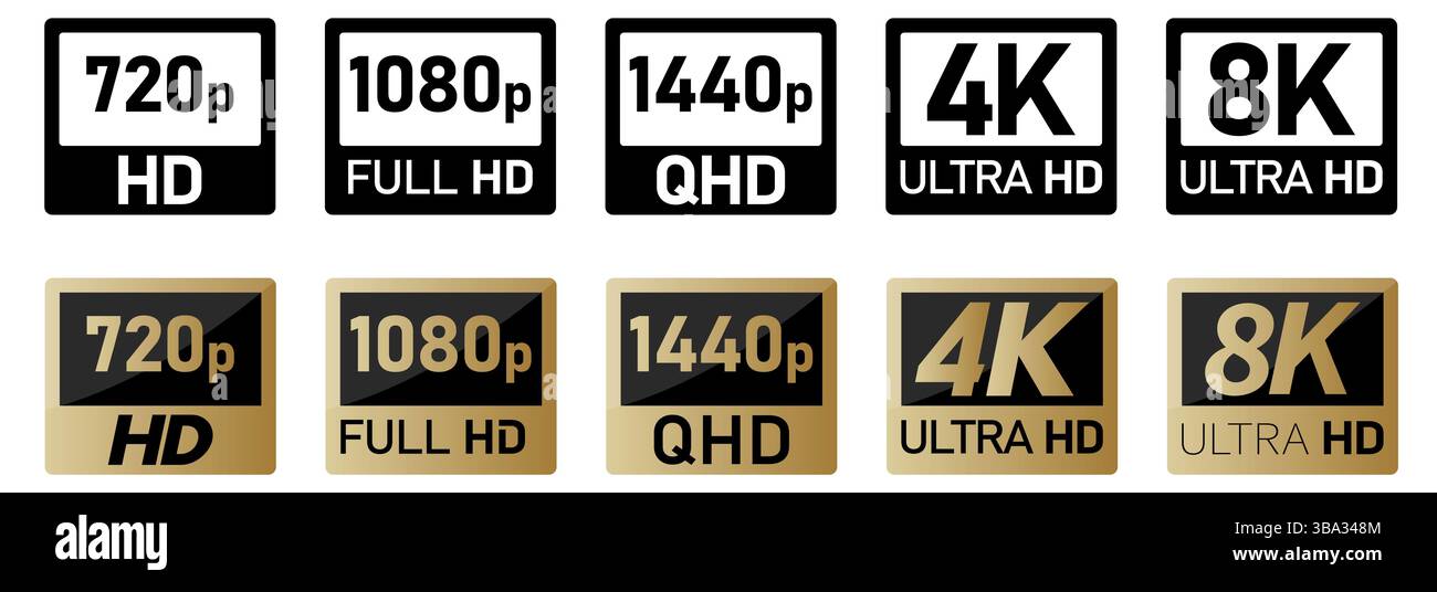 Symbole für Video- oder tv-Bildschirmauflösung eingestellt. Schwarze, weiße und goldene Version, Größe von 720p bis 8k Stockfoto