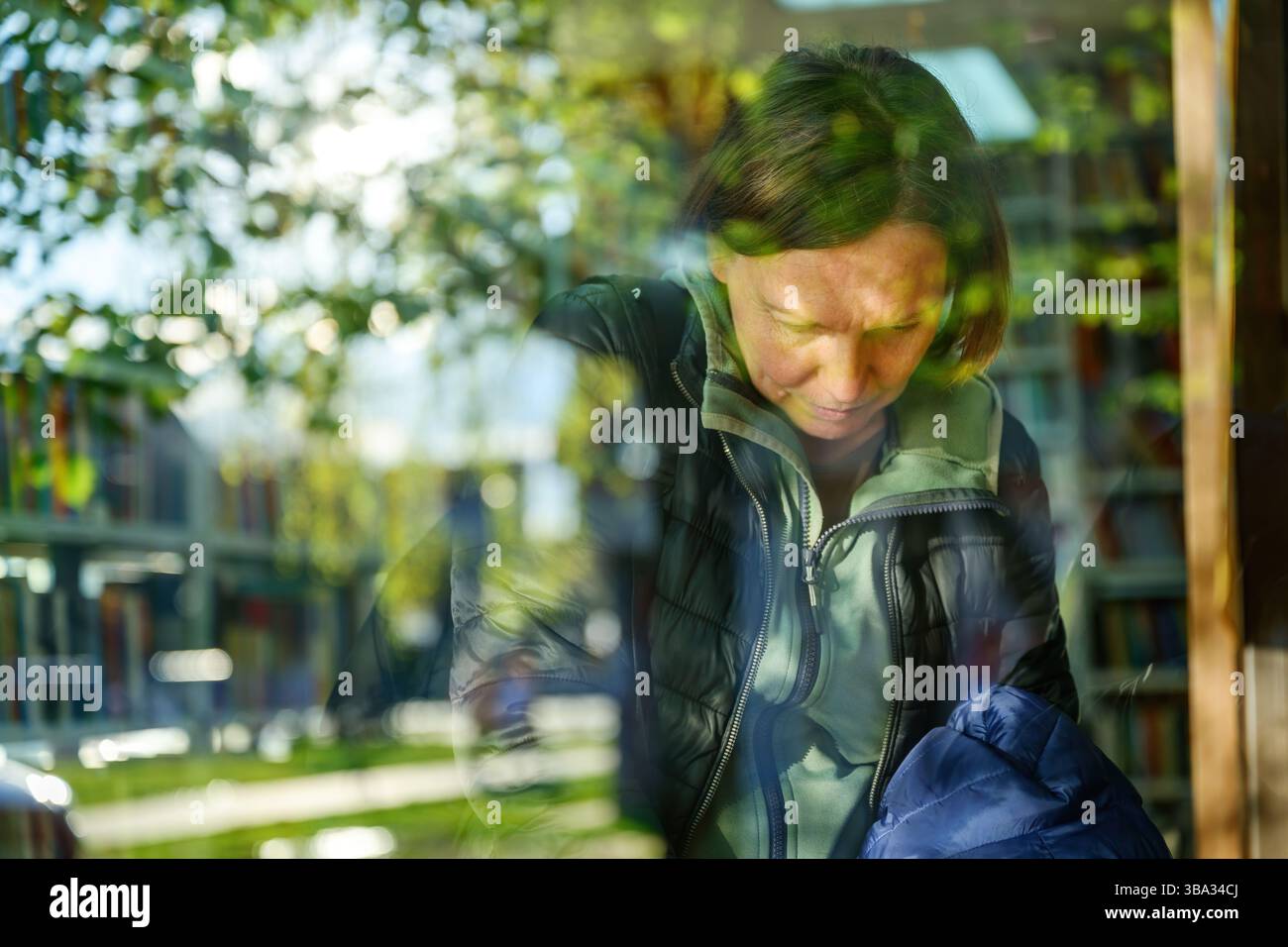 Porträt einer Frau, die in Büchern im öffentlichen Bücherregal durch das große Fenster schaut, selektiv fokussiert Stockfoto