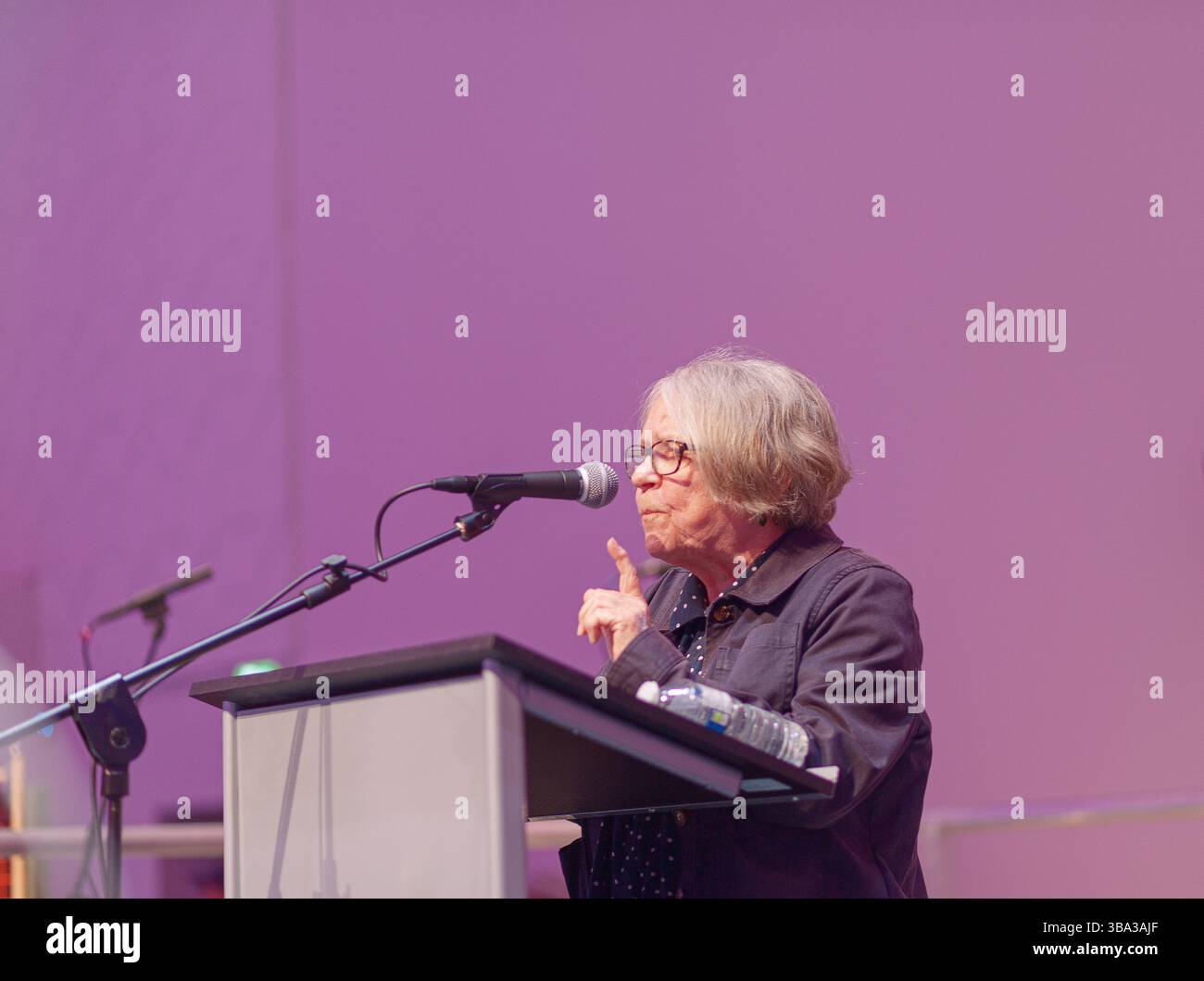 Wakefield, West Yorkshire, 10. Mai 2025, spricht Lindsey German, Konvent der Stop the war Coalition, mit den Besuchern der With Banners Held High Stockfoto