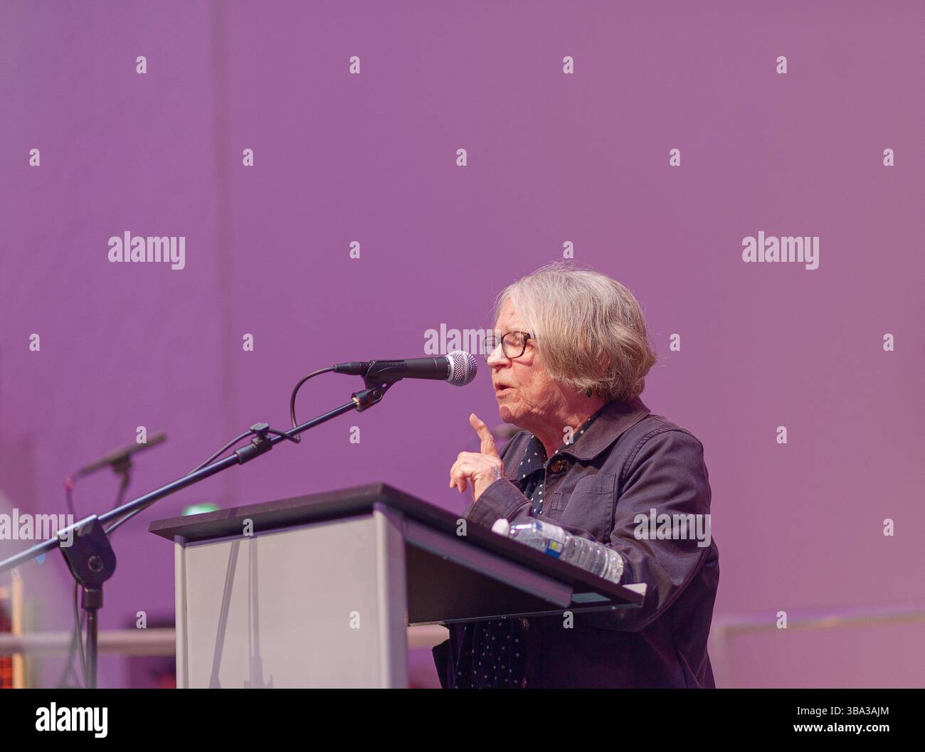 Wakefield, West Yorkshire, 10. Mai 2025, spricht Lindsey German, Konvent der Stop the war Coalition, mit den Besuchern der With Banners Held High Stockfoto