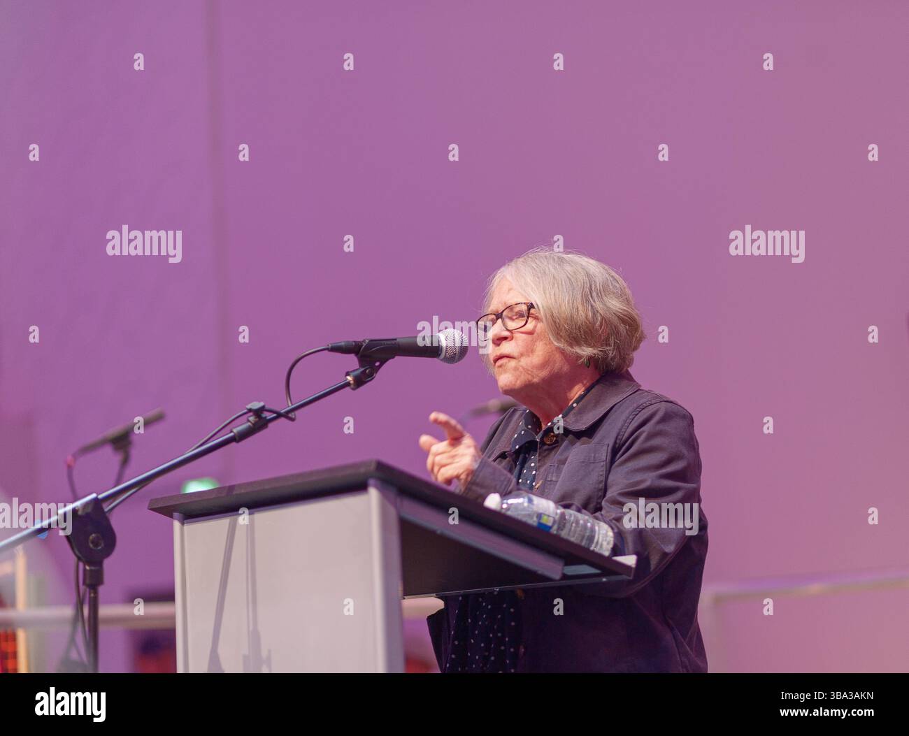 Wakefield, West Yorkshire, 10. Mai 2025, spricht Lindsey German, Konvent der Stop the war Coalition, mit den Besuchern der With Banners Held High Stockfoto