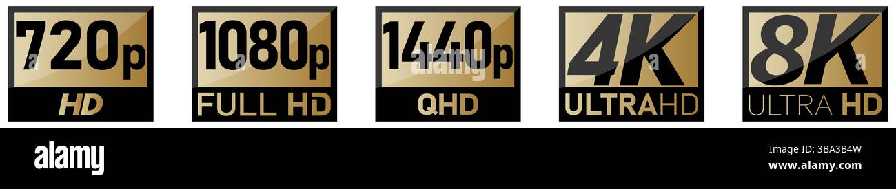 Symbole für Video- oder Bildschirmauflösung, schwarze Zahlen mit HD, QHD, ULTRA-HD-Text in goldenem Rechteck Stockfoto
