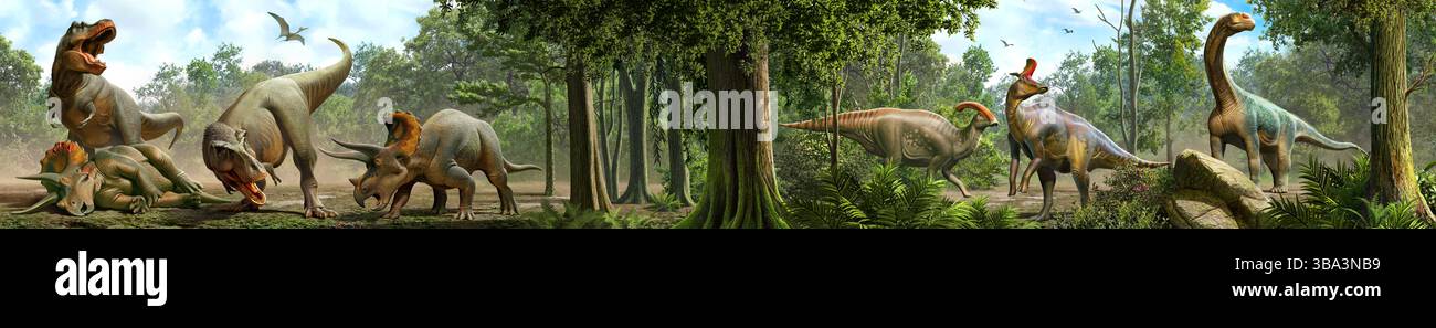 Die Landschaft der Kreidezeit umfasst Tyrannosaurus, Triceratops, Lambeosaurus, Parasaurolophus und Camarasaurus. Stockfoto