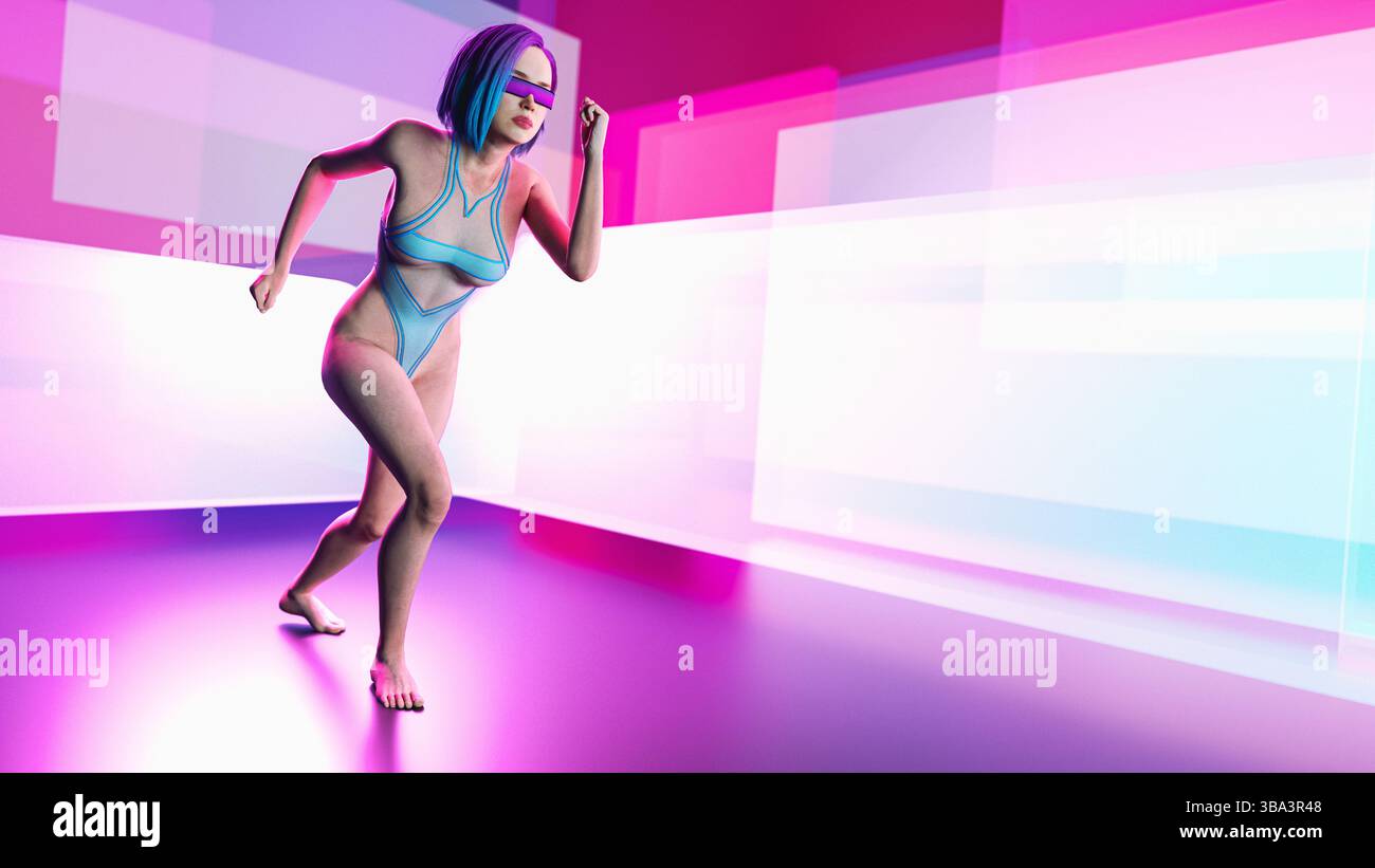 Eine sportlich-moderne Frau, die Gymnastik macht. 3D-Rendering Stockfoto