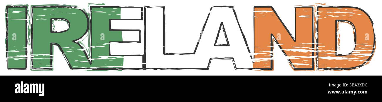 Wort IRLAND mit irischer Nationalflagge darunter, verstörter Grunge-Look Stockfoto