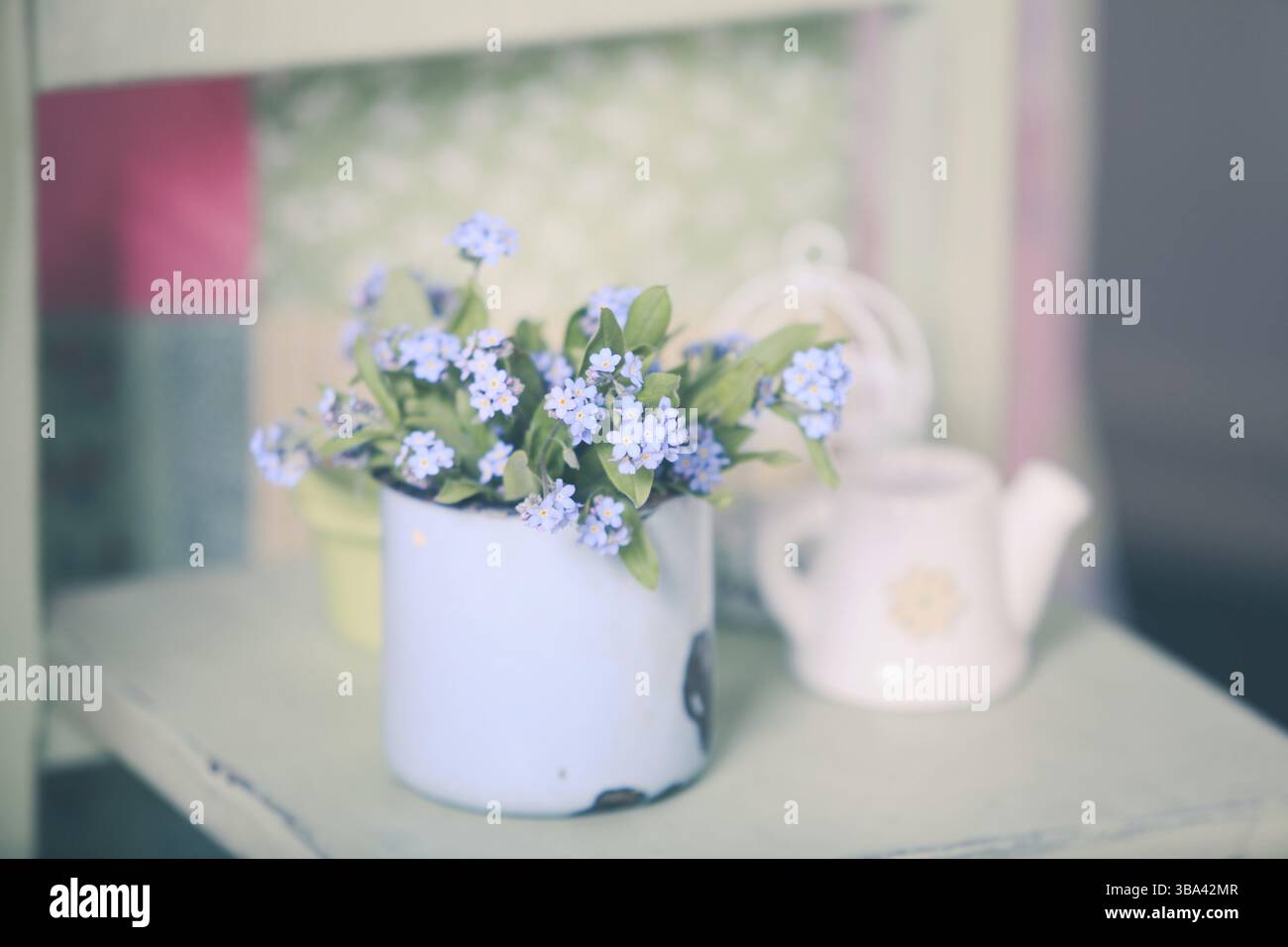 Ein Strauß "Vergessen Sie mich nicht" in einem blauen Becher auf einer Holzscheibe Stockfoto