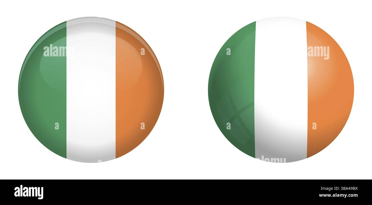 Flagge der Republik Irland unter dem 3D-Kuppelknopf und auf Hochglanzkugel/Ball Stockfoto
