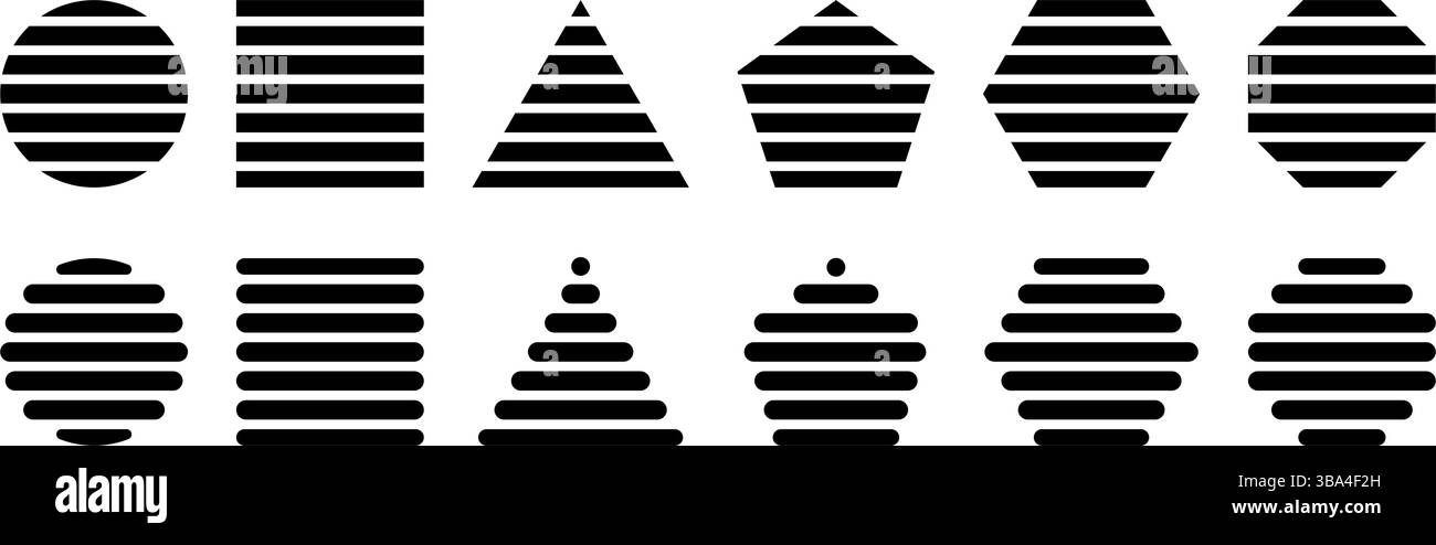 Grundlegende gestreifte geometrische Formen, isoliert auf weißem Hintergrund. Gestreifte Kreis-, Quadrat- und Dreieck-, pentagon-, Sechseck- und Achteckformen. Minimalistische Designelemente. Vektorgrafik. Stock Vektor
