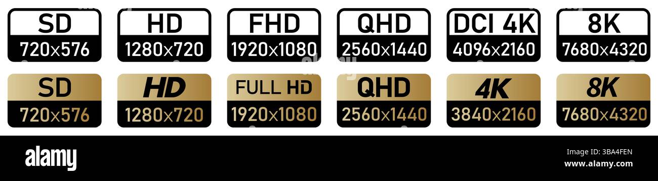 Satz von Symbolen für Videoauflösung, schwarz-weiß oder Gold-Version Stockfoto