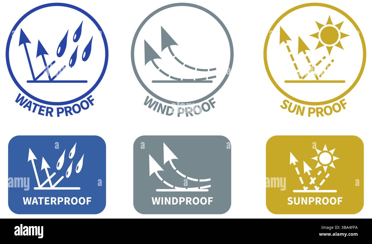 Satz von Wetterwiderstandssymbolen. Wind- und Sonnenschutzschilder im Kreis und abgerundeten Quadrat, können auf Textilien verwendet werden Stockfoto