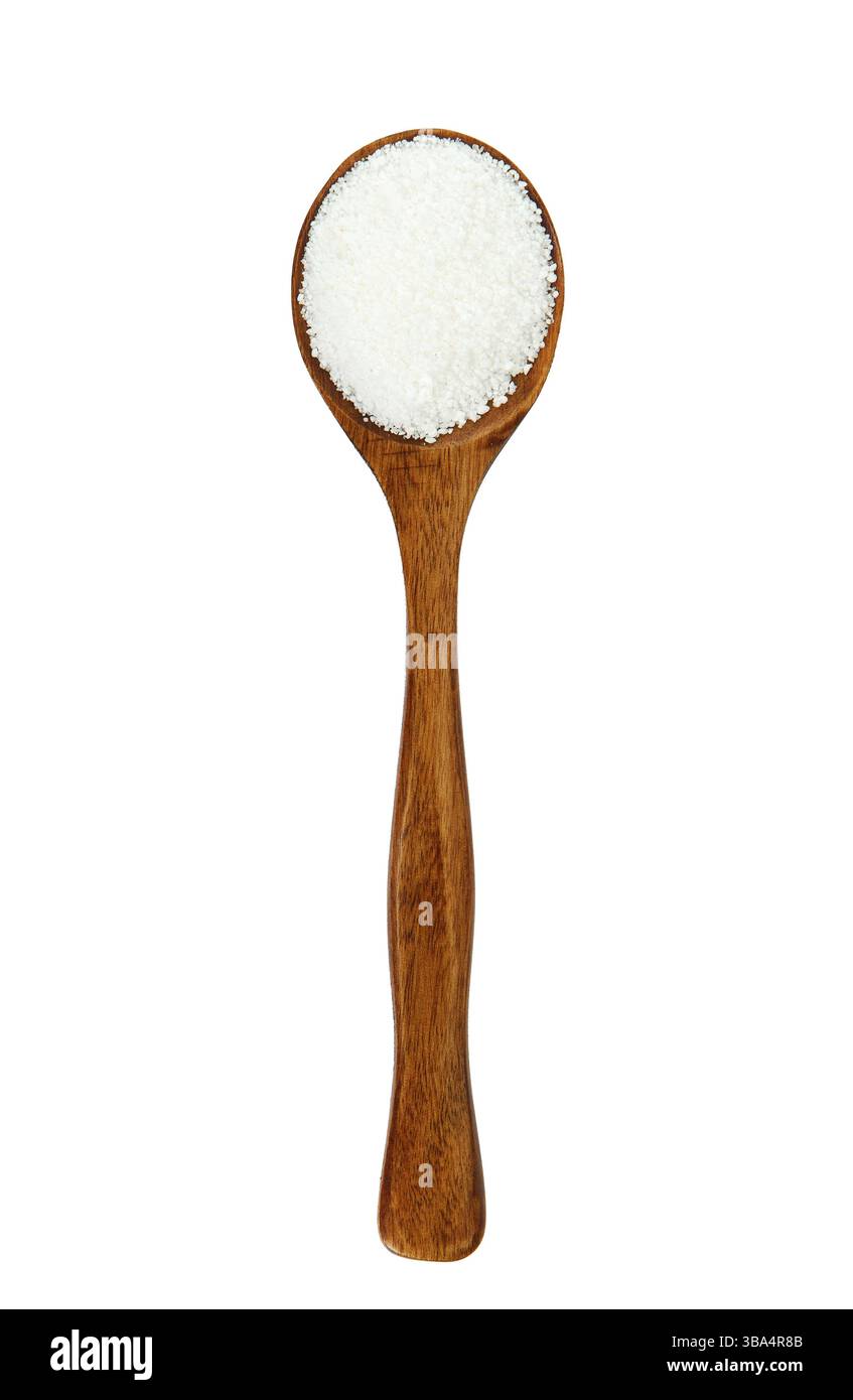 Zitronensaeure in einem Holzloeffel auf Isolat. Blick von oben Stockfoto