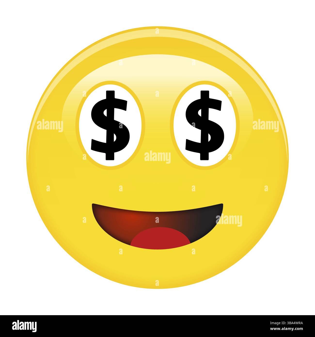 Amerikanischer Dollar Smiley Emoticon. Gelbes lachendes 3D-Emoji mit schwarzen USD-Symbolen anstelle von Augen und rot geöffnetem Mund Stockfoto