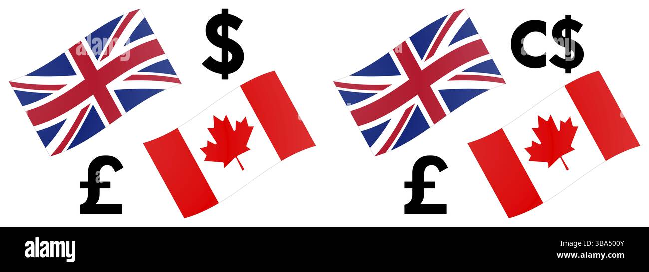 GBPCAD Forex Währungspaar Vektor-Illustration. Britische und kanadische Flagge mit Pfund- und Dollar-Symbol Stockfoto