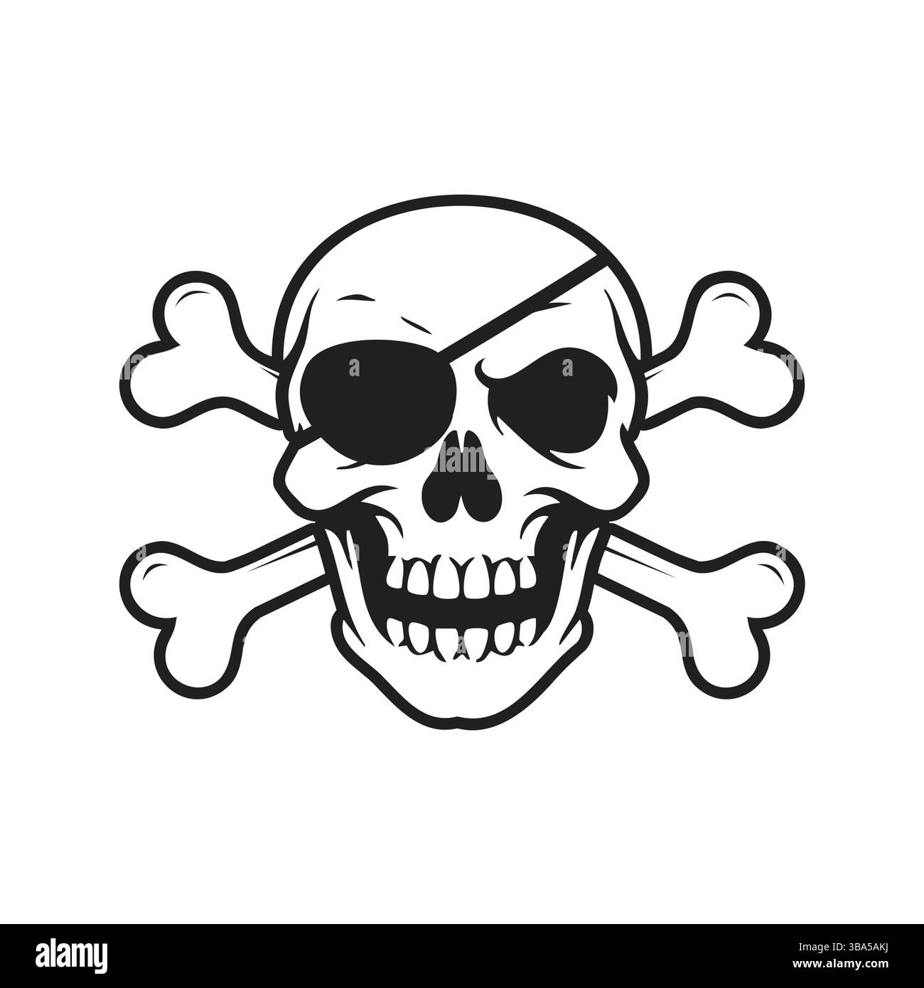 Piratenschädel schwarz-weiß, mit gekreuzten Knochen und einem Fleck über einem Auge. Stock Vektor