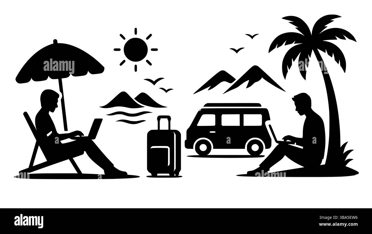 Remote Work Travel Lifestyle Vector – digitale Nomaden arbeiten im Freien mit Naturelementen Stock Vektor