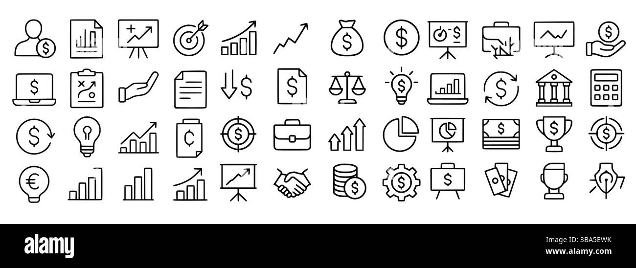 48 Symbole für Geschäfts- und Finanzlinien – Symbole für Strategie, Investition, Geld und Wachstum Stock Vektor