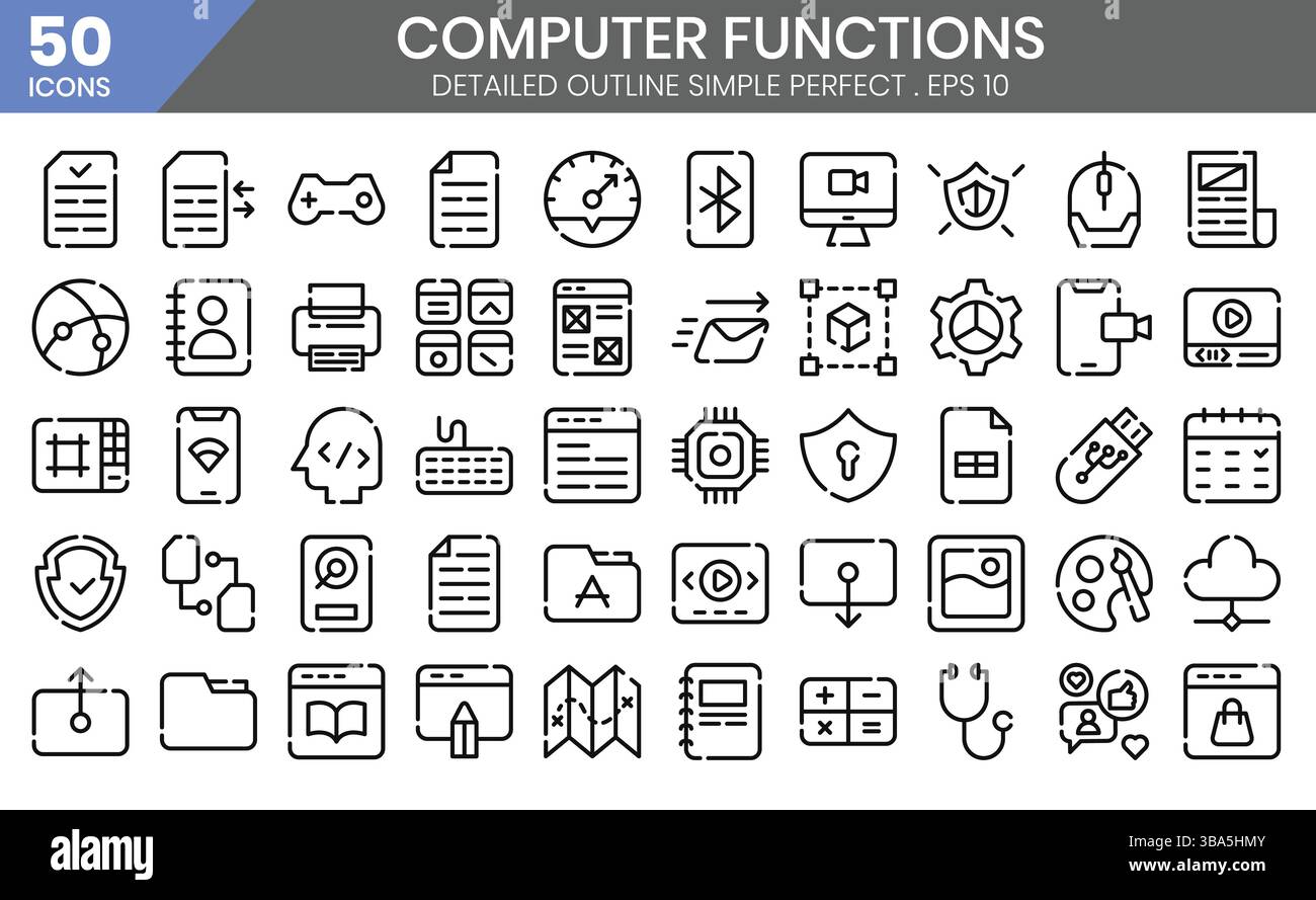 Computerfunktionen umreißen Symbolsatz.Vektorillustration Stock Vektor Computerfunktionen umreißen Symbolsatz.Vektorillustration Stock Vektor