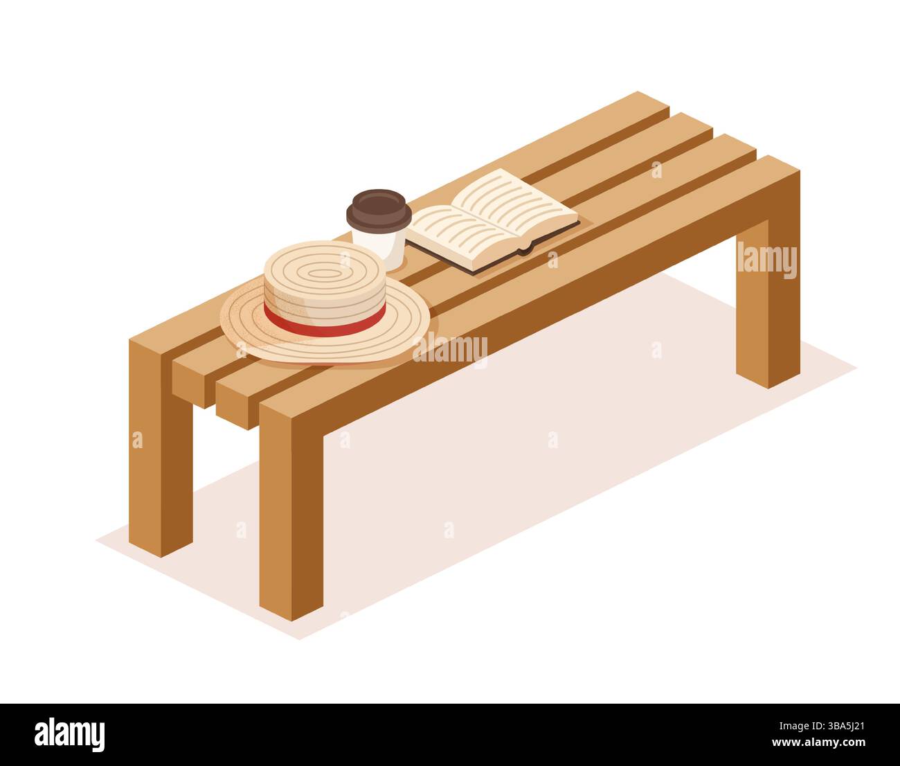Isometrische Parkbank aus Holz mit Bootshut, offenem Buch und Kaffeetasse zum Mitnehmen. Vektorabbildung. Ruhiger Outdoor-Moment. Das Konzept der Entspannung Stock Vektor