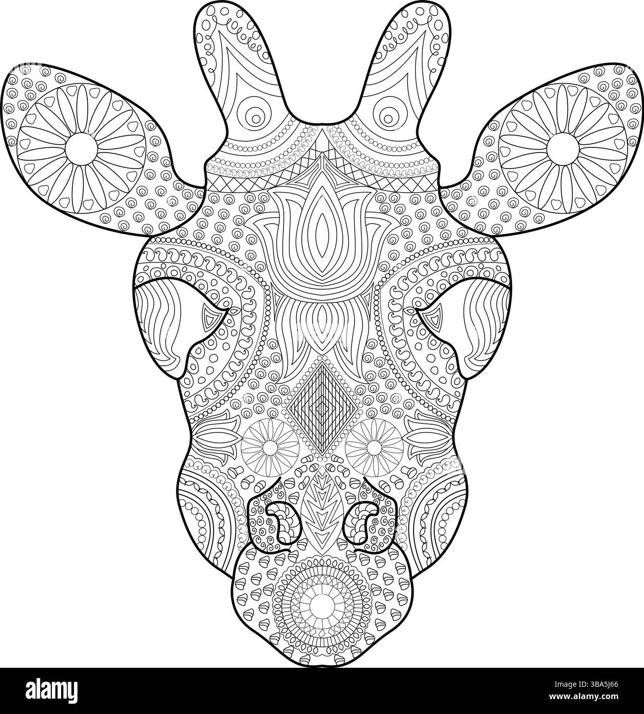 Komplexe schwarz-weiße Umrissdarstellung eines Giraffen-Kopfes, gefüllt mit detaillierten Mustern und dekorativen Elementen. Dieses stilisierte Tierporträt Stock Vektor