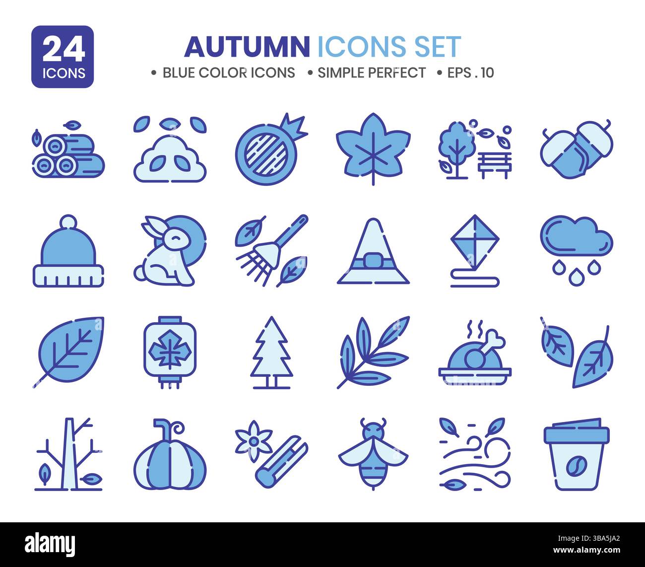 Blauer Kontursatz für die Herbstsaison. Die Elementsammlungen können für Post in sozialen Medien, Webdesign-App und vieles mehr verwendet werden. Stock Vektor