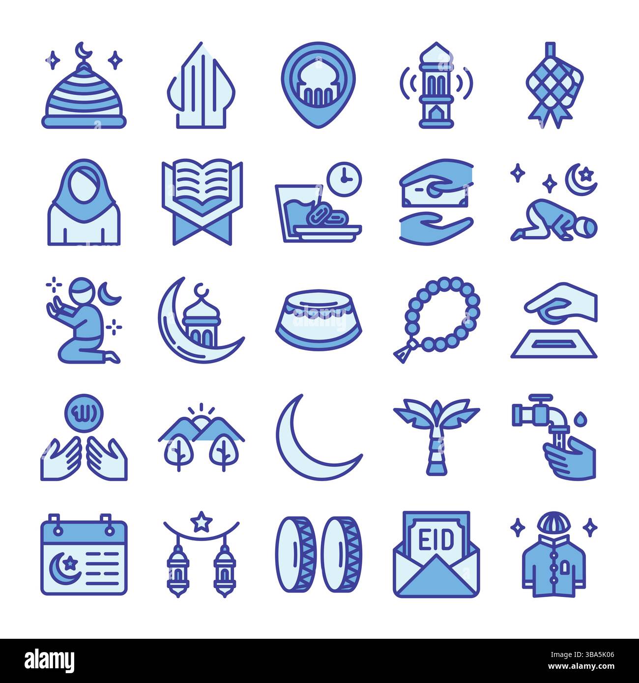 Ramadan Icons-Paket. Blaue Umrisssymbole. Stock Vektor