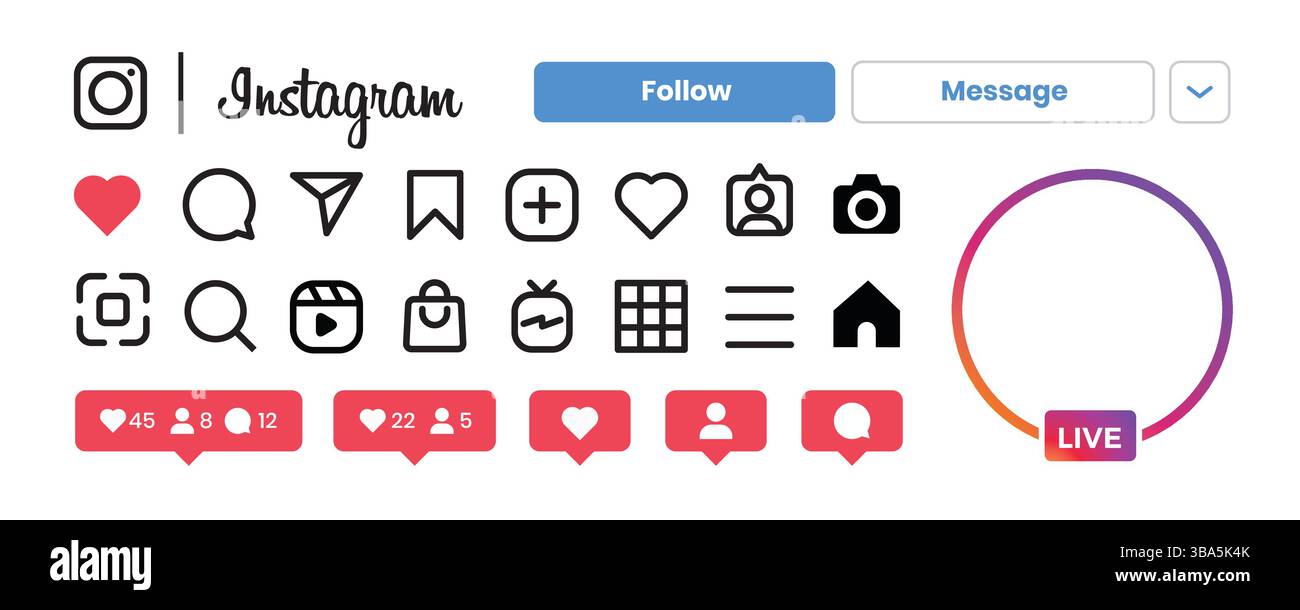 Symbolsatz der Instagram-Benutzeroberfläche mit Schaltflächen und Interaktionssymbolen Stock Vektor
