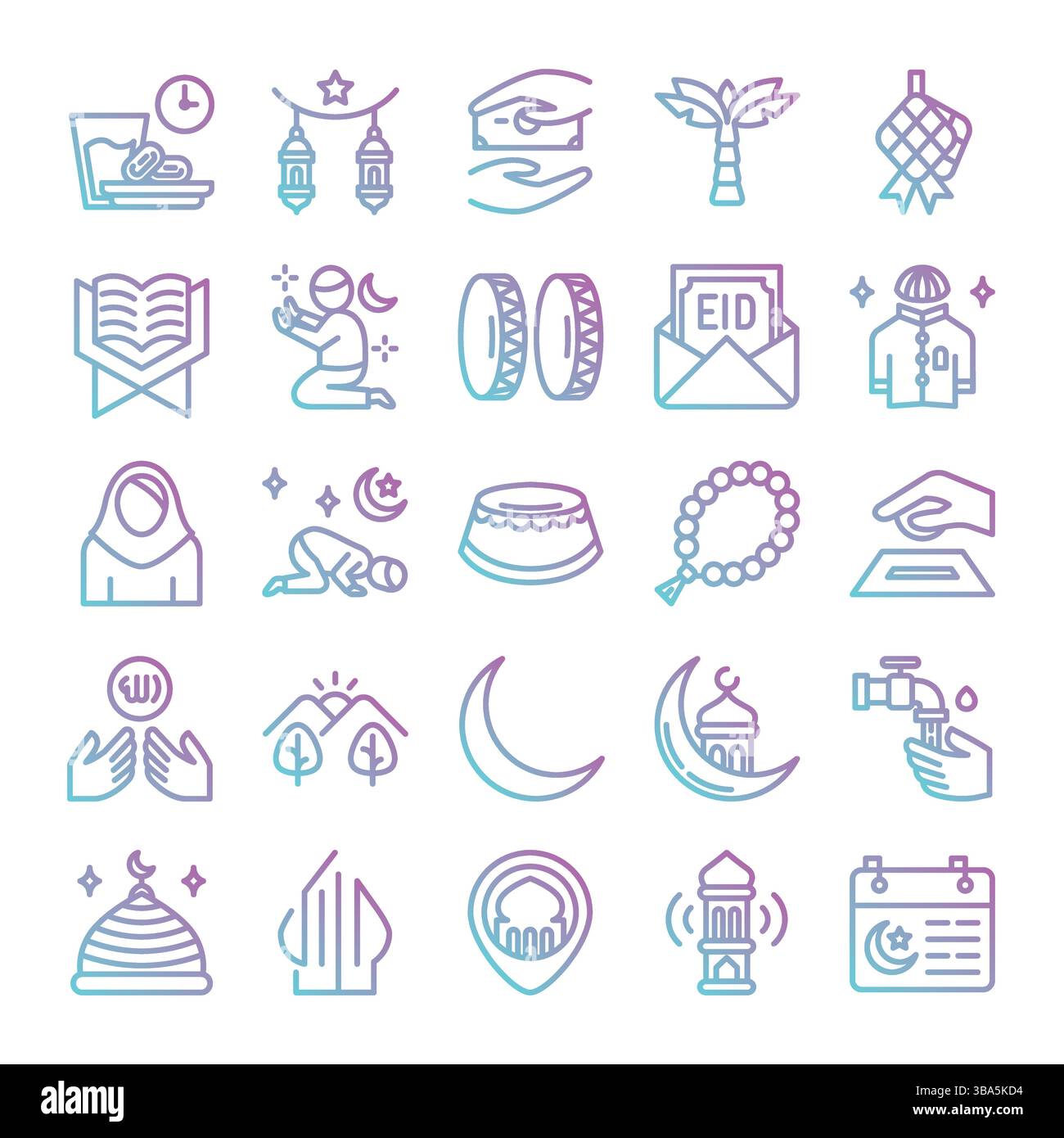 Ramadan Icons-Paket. Symbolstil für verlaufende Umrisse. Stock Vektor