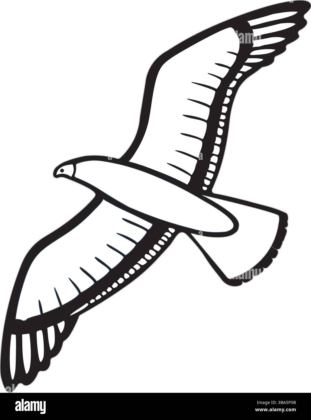 Minimalistische schwarz-weiße Vogel-Vektor-Illustration mit ausgestreckten Flügeln, stilisierte digitale Strichkunst für Tattoos, Logos oder von der Natur inspirierte Designs. Stock Vektor