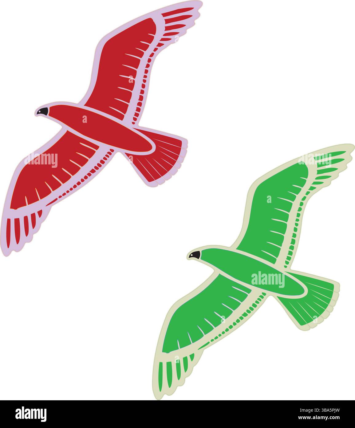 Zwei farbenfrohe, minimalistische Vektorillustrationen mit Flügeln, stilisierte digitale Strichkunst für Tattoos, Logos oder von der Natur inspirierte Designs. Stock Vektor