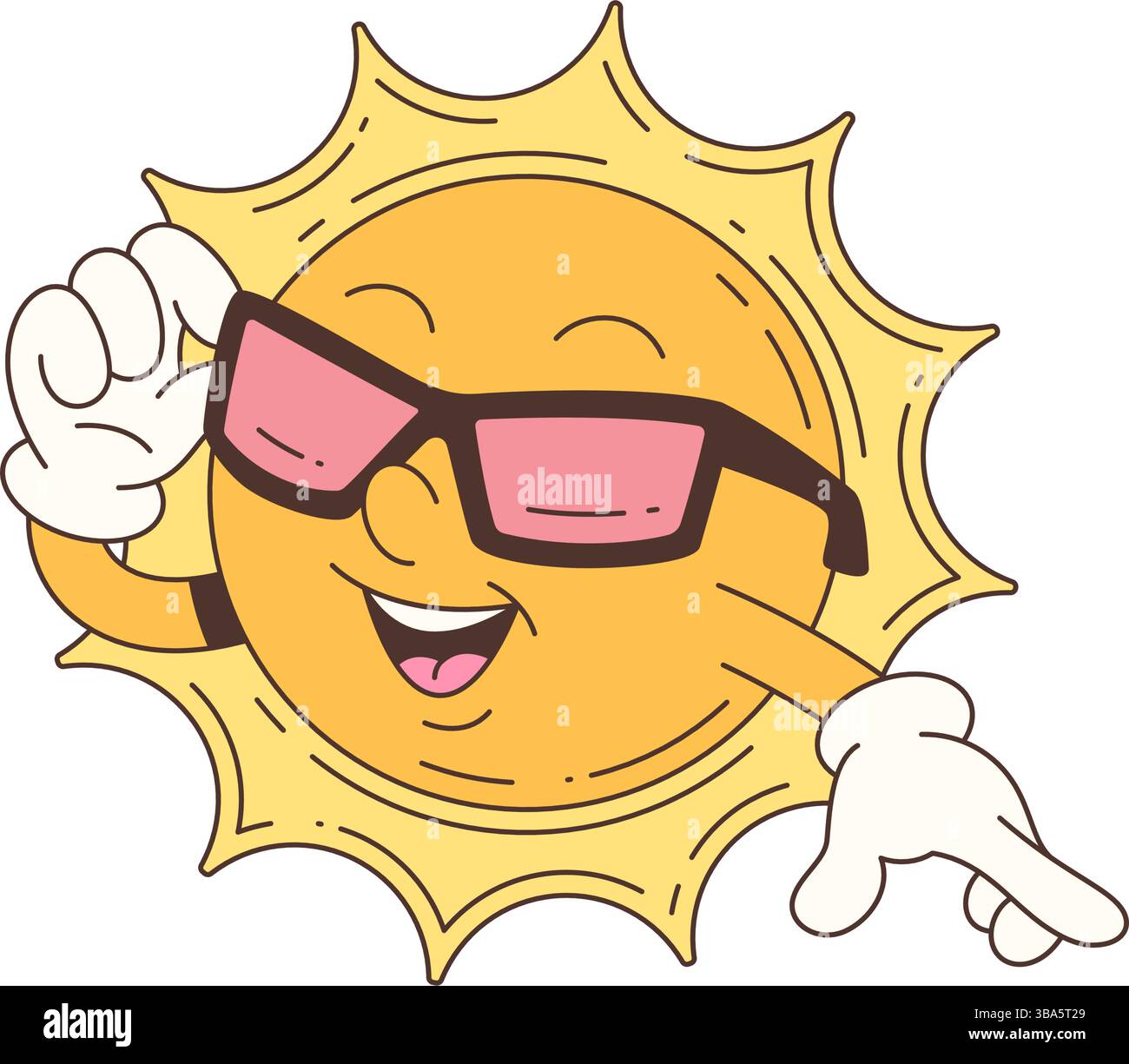 Coole Sonnenmaskottchen mit Sonnenbrille und selbstbewusstem Zeigen. Lustiger und fröhlicher Stil mit verspielter Atmosphäre, perfekt für Sommer- und Kinderthemen Stock Vektor