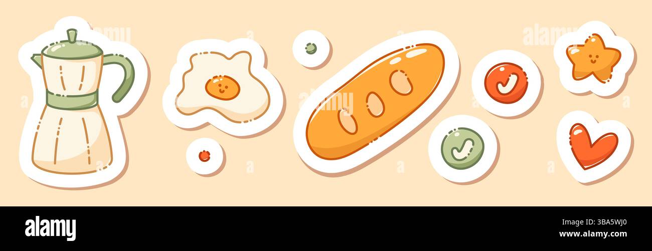 Ein Set von Kawaii-Aufklebern für einen in Pastellfarben gezeichneten Tagebuchplaner mit Kaffeematerial. Enthält ein Eierlikör mit süßem Lächeln, eine Geysir-Kaffeemaschine, ein Herz, ein Häkchen, Brot und einen Stern. Stock Vektor