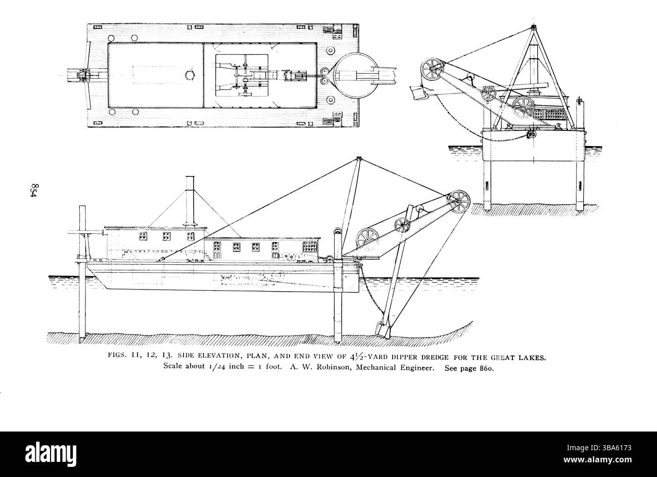 Seitenhöhe, Plan- und Endansicht eines 4 1/2-Meter-Pendelbaggers für die Great Lakes A. W. Robinson, Maschinenbauingenieure aus dem Artikel MODERN MACHINERY FOR GRAVING AND BAGGERN. Von A. W. Robinson. Vom Engineering Magazine gewidmet dem Industrial Progress Band XXIV Oktober 1902 bis März 1903 The Engineering Magazine Co Stockfoto