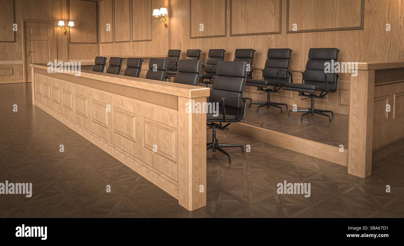 Gerichtssaal mit leerer Jury Box und schwarzen Ledersesseln 3d Stockfoto