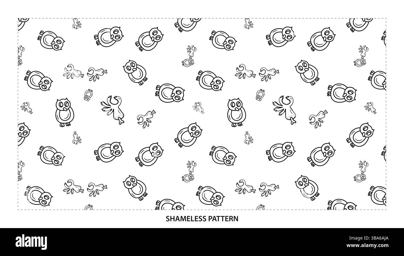 Einfaches schwarzes Outline-Muster mit niedlichen Eulen und Zweigen für Naturdesigns Stock Vektor
