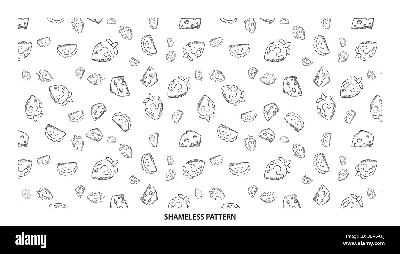 Simple Black Outline – nahtloses Muster für verschiedene Lebensmittel mit Erdbeere-Wassermelonenkäse Stock Vektor