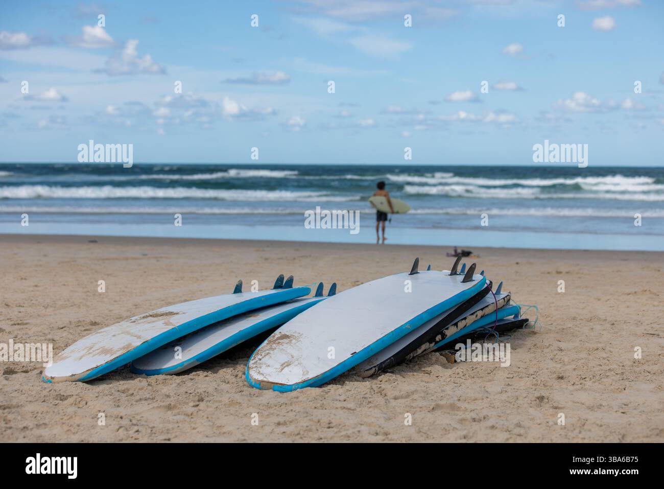 Stapelbare Surfbretter sitzen auf Sand in der Nähe, um Surfunterricht zu erhalten Stockfoto
