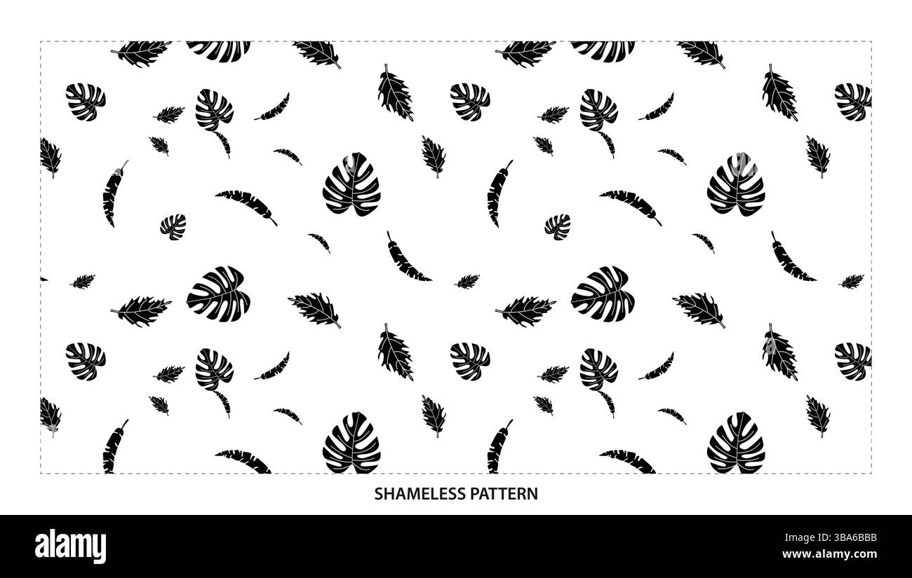 Schlichtes schwarzes, tropisches Monstera- und Federmuster Stock Vektor
