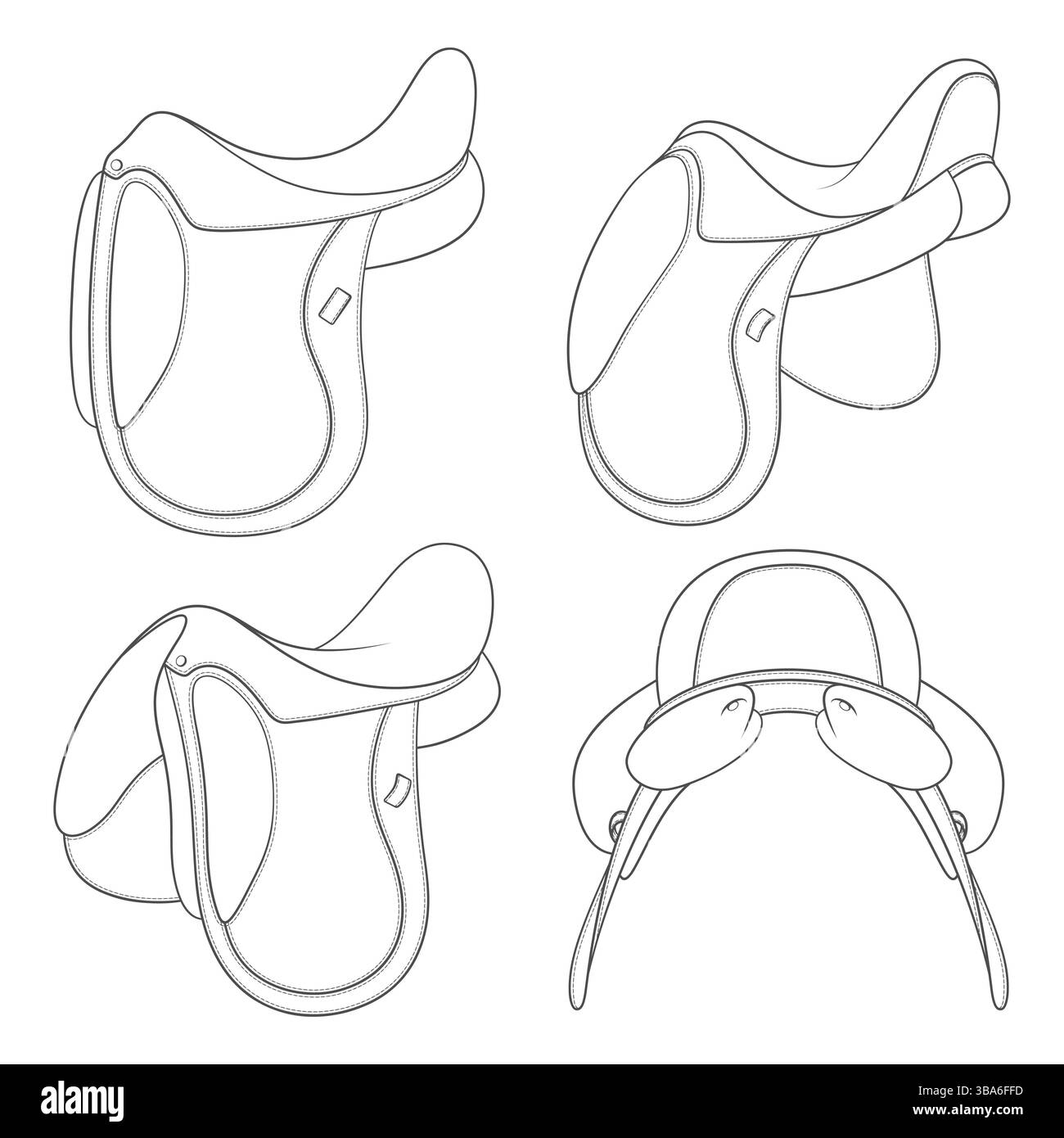 Satz von Schwarz-weiß-Illustrationen mit Pferdesattel. Isolierte Vektorobjekte auf weißem Hintergrund. Stock Vektor