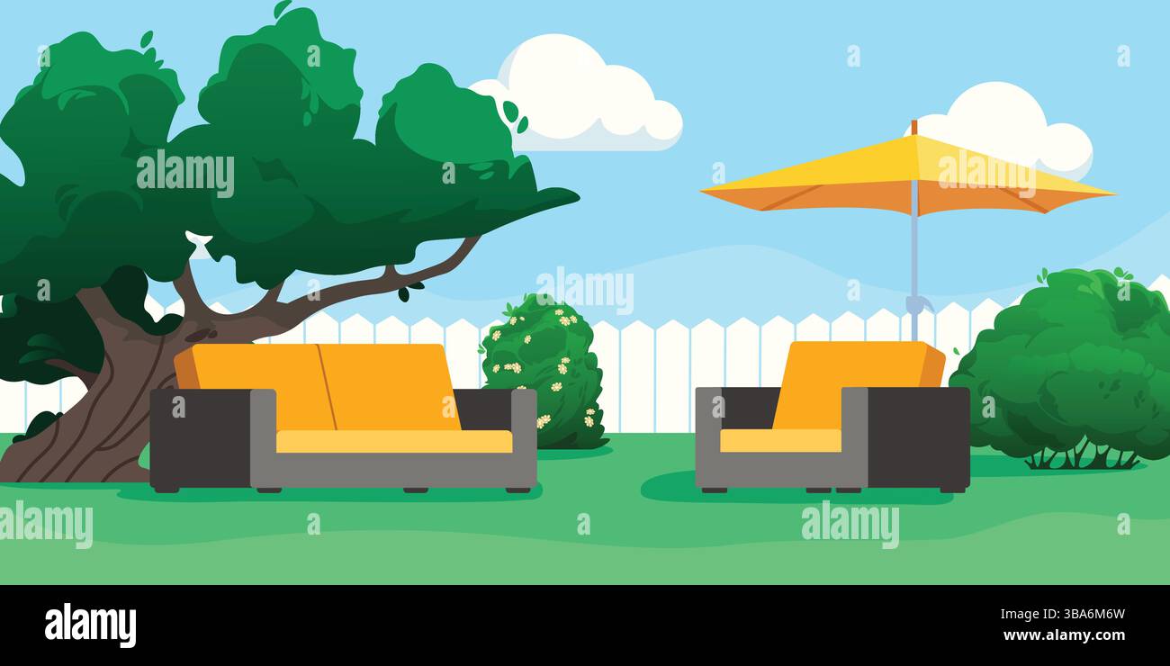 Terrasse im Hinterhof mit Sofa, gelbem Schirm und grünen Bäumen vor blauem Himmel mit Wolken. Moderne Gartenmöbel im Sitzbereich. Flacher Vektor Stock Vektor