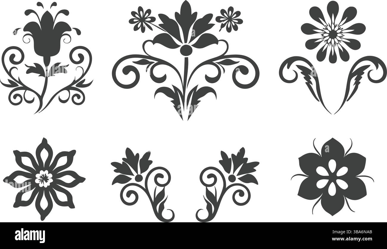 Ein Set aus sechs aufwändig gestalteten Blumenverzierung-Silhouetten mit symmetrischen und ornamentalen Mustern in Schwarz und weiß, perfekt für dekorative Zwecke Stock Vektor