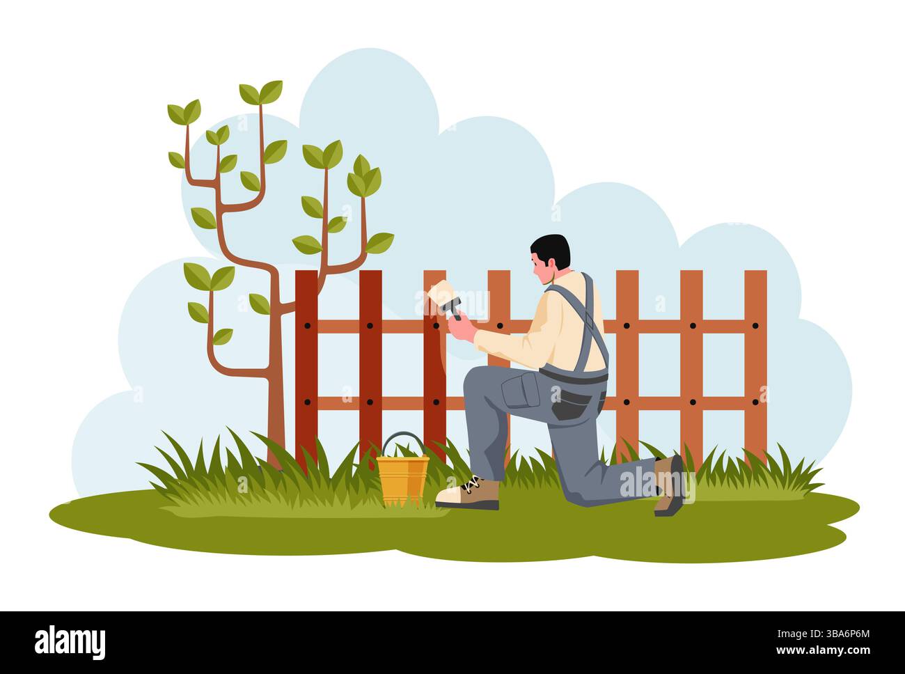 Gärtner kniete und malte im Garten im Frühling mit Pinsel und Eimer Holzzaun. Grünes Gras und kleiner Baum. Flacher Cartoon-Style. Vektor Stock Vektor
