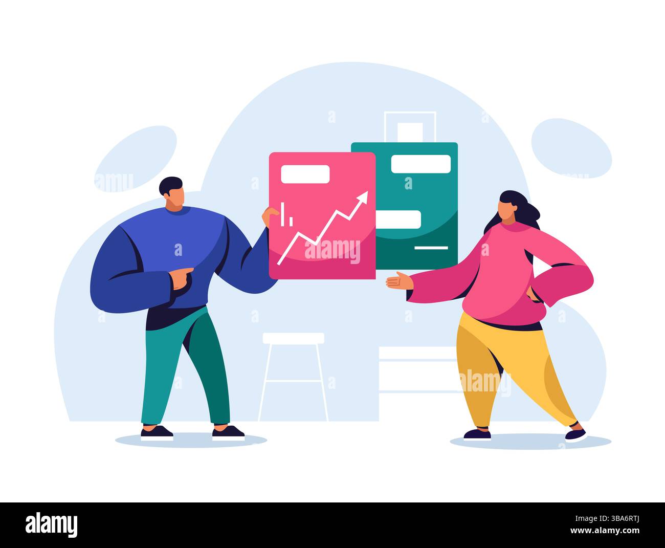 Mann und Frau diskutieren ein Diagramm nach oben, in dem Datenberichte und Fortschritte beim Unternehmenswachstum im Arbeitsbereich dargestellt werden. Zwei Geschäftskollegen diskutieren Stock Vektor