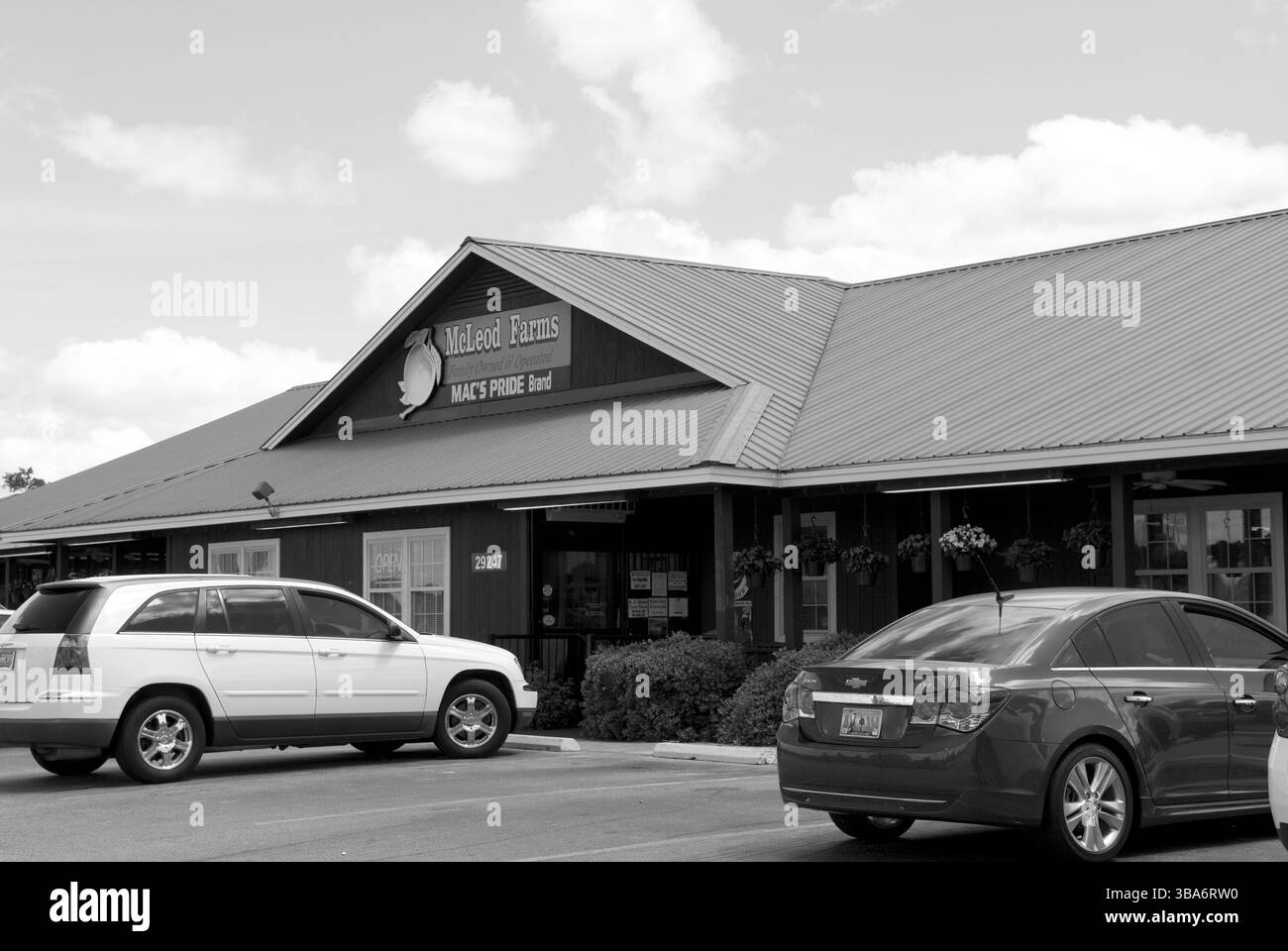 Außenansicht des McLeod Farms Market und Cafés in McBee, South Carolina, USA, bekannt für frische Produkte, Südstaaten-Gastlichkeit und Charme am Straßenrand. Stockfoto