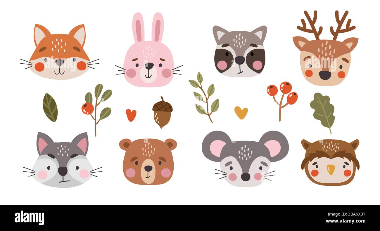 Wilde Tiere isoliert, niedliche Waldtiere, Kinder Zeichentrickfilm Illustration, Tiere Sammlung Stock Vektor