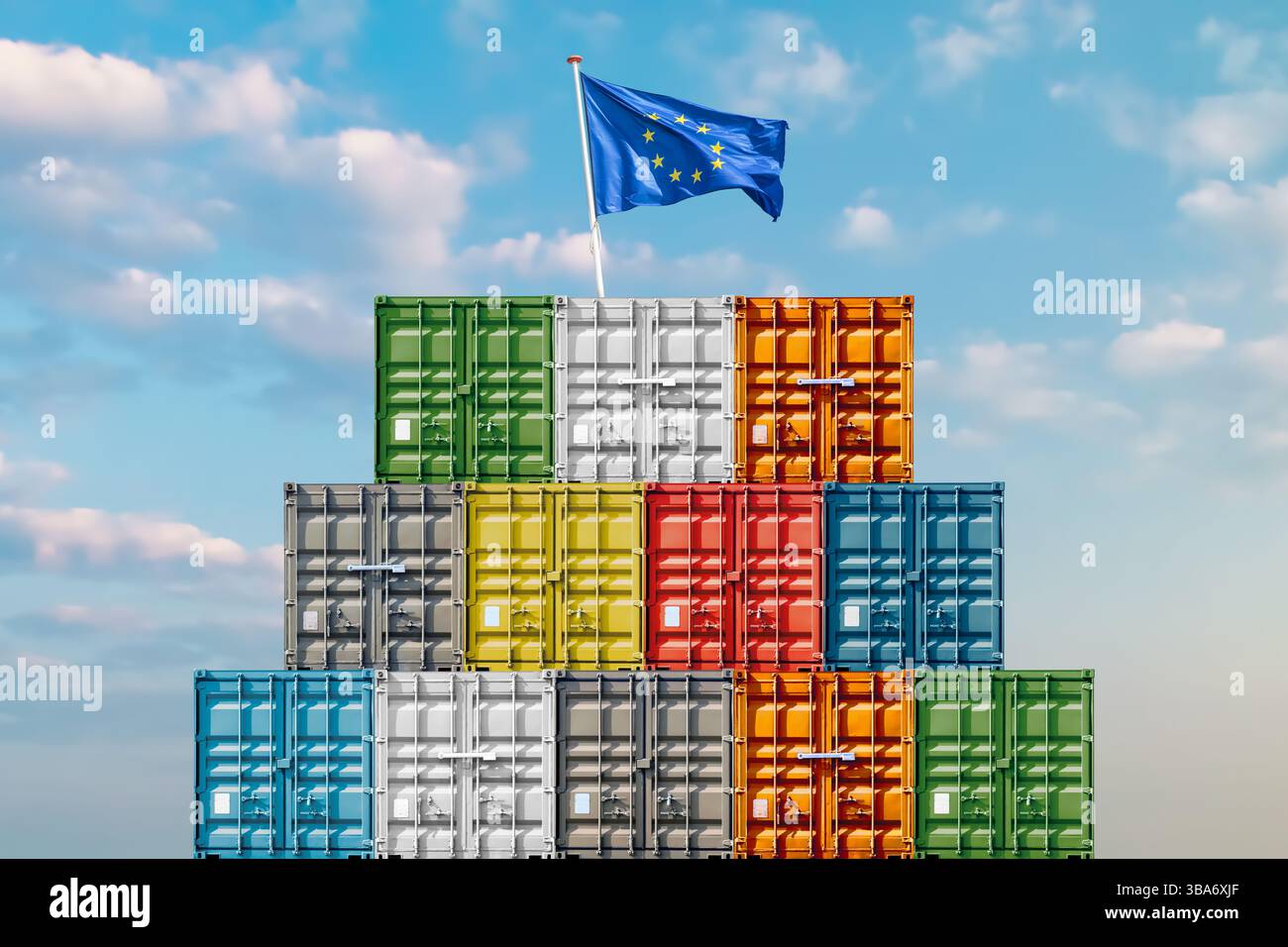 Konzept des US-Zollhandelskrieges mit der europäischen Flagge auf bunten Frachtcontainern Stockfoto
