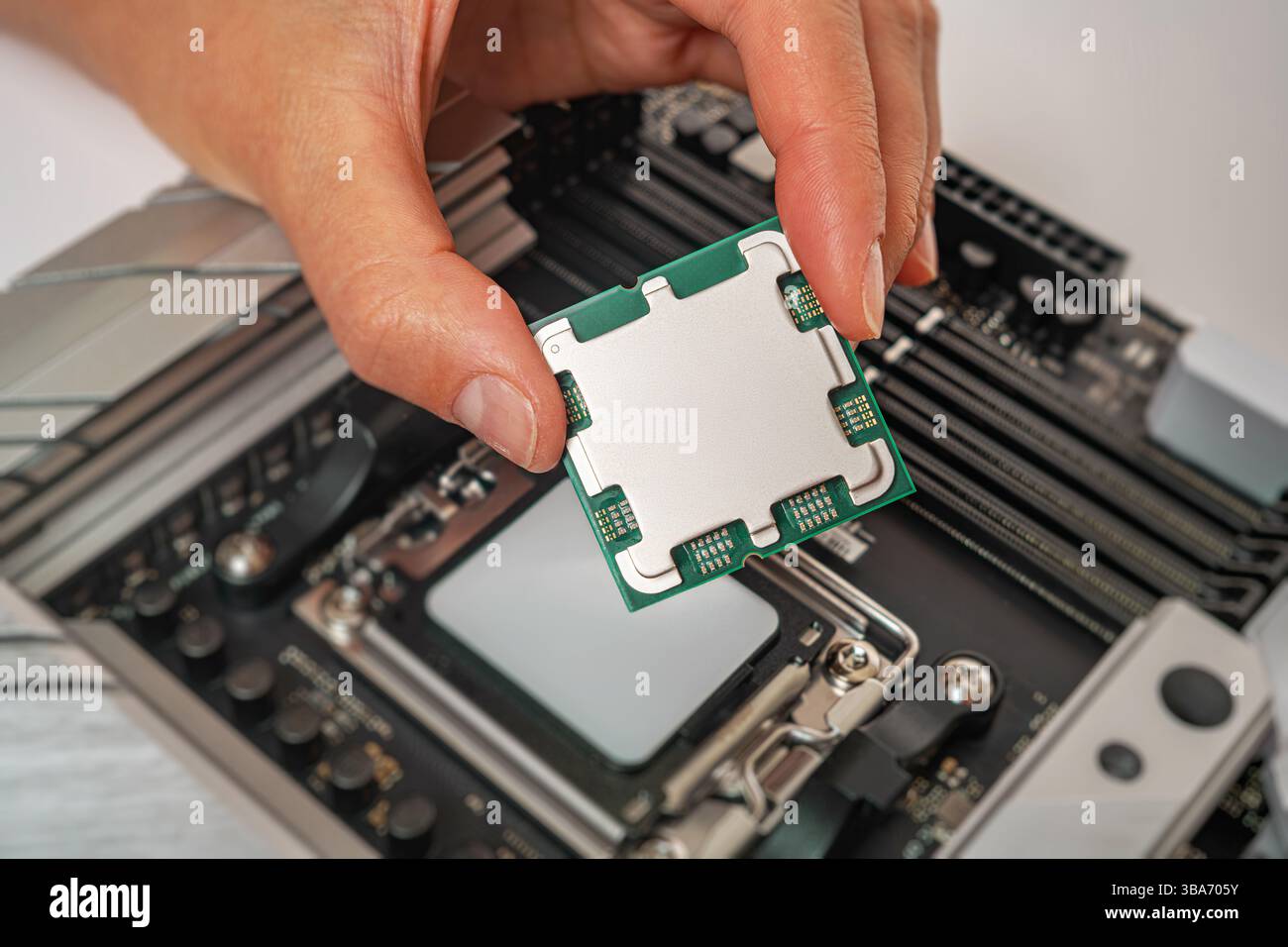 Eine Person hält einen Computerprozessor vorsichtig über einen Sockel auf der Hauptplatine Stockfoto