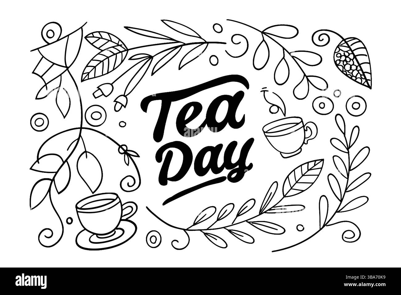 World Tea Day Doodle Art mit Blättern und Teetassen – handgezeichnete Schwarz-weiß-Illustration. Stock Vektor