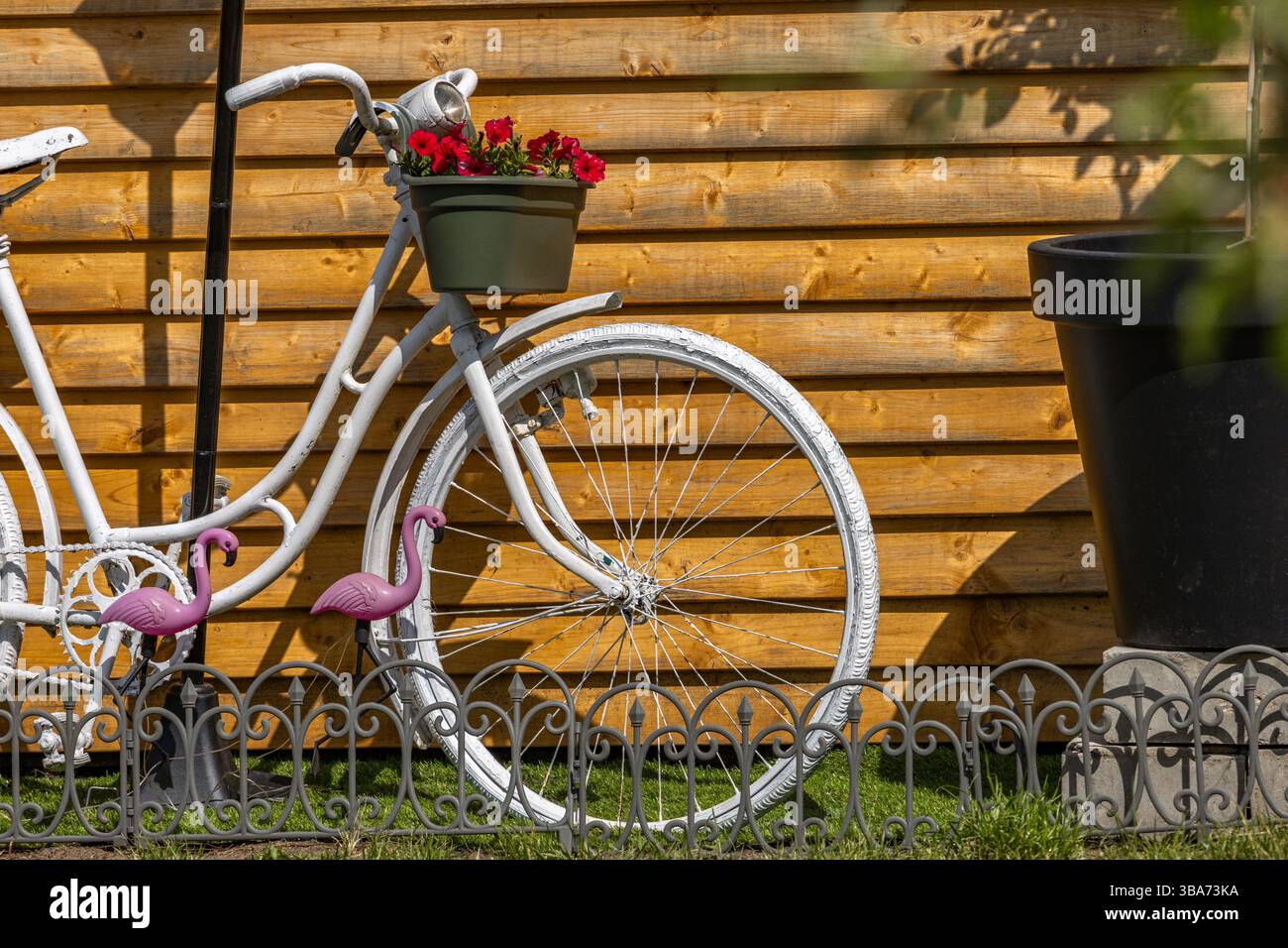Ein weißes Fahrrad vor einem Hintergrund brauner Dielen in einem Garten mit hängenden Blumentöpfen Stockfoto