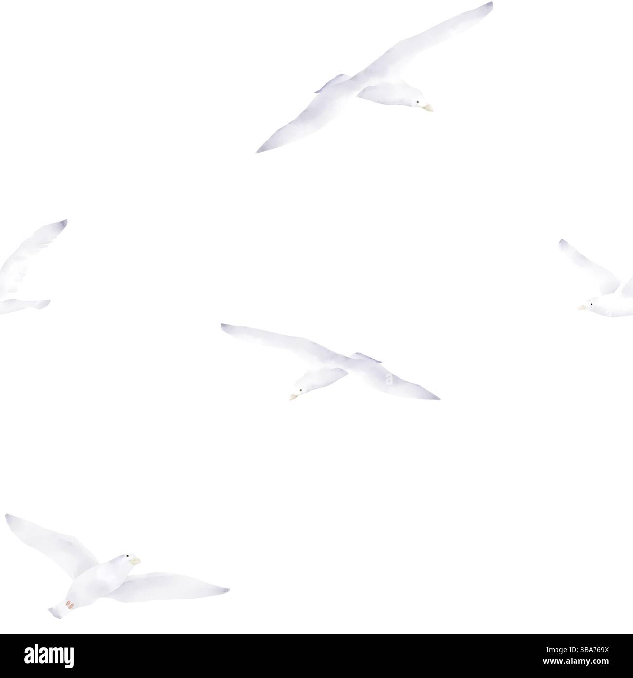 Möwen und Albatrosse schweben über dem Wasser. Nahtloses Muster. Aquarellabbildung. Eine Gruppe von hoch aufragenden Seevögeln, hervorgehoben auf einem weißen Hintergrund Stockfoto